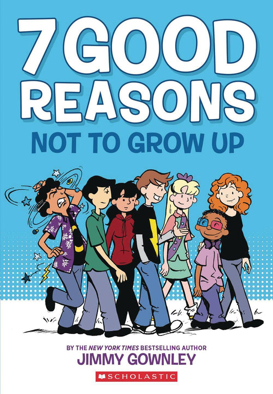 Seven kids walk together, most of them smiling. At the back of the line, a kid in a purple leaf print shirt looks to be in pain, surrounded by cartoon stars and dizzy circles.