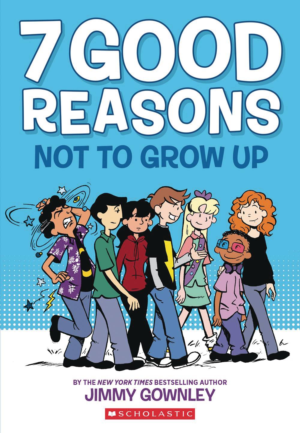 Seven kids walk together, most of them smiling. At the back of the line, a kid in a purple leaf print shirt looks to be in pain, surrounded by cartoon stars and dizzy circles.