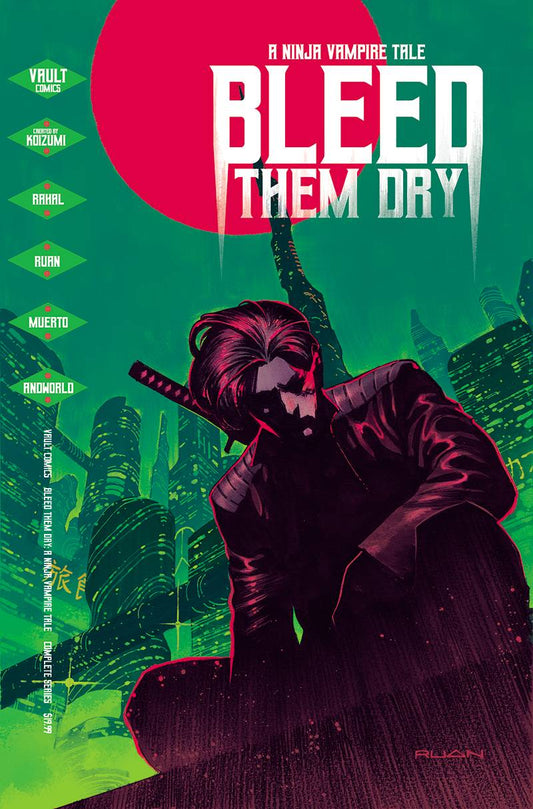 A figure dressed in leather with a katana across their back crouches down, face mostly obscured from the low light. Behind them is a futuristic cityscape lit up in shades of green.