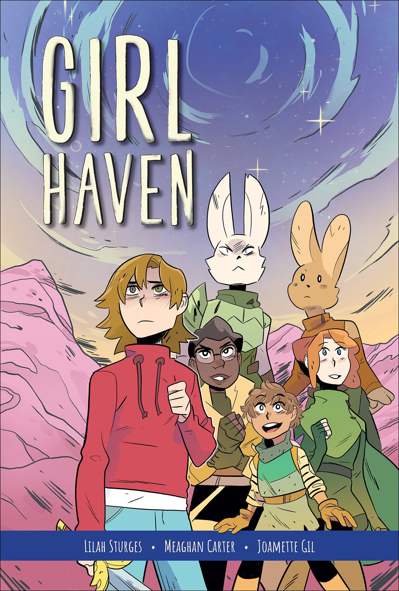 A light-skinned teen with shoulderlength light brown hair and green eyes stands in a rocky alien landscape. They are wearing a red pullover and blue trousers, holding a sword loosely, and clutching their chest anxiously. Behind them are two humanoid rabbit creatures, one white and one brown, in sci-fi armour, as well as three girls in more fantasy clothing. They look excited and determined.