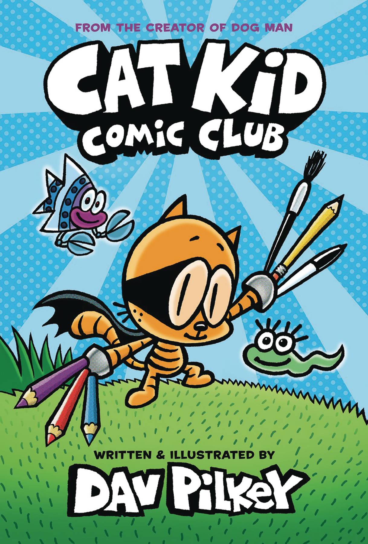 An orange cartoon cat wearing a mask and cape wields a variety of art materials in their hands. They stand on a grassy mound with a bright blue sky behind them. A robotic fish with pincers and a snake with long eyelashes float in the background, looking hand-drawn.