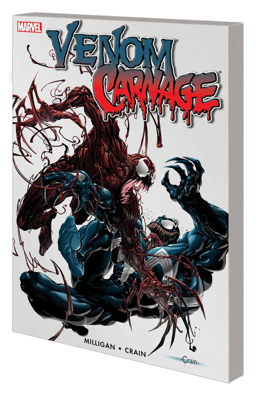 Venom leaps on top of Carnage, both lashing out at the other with claws and teeth. 