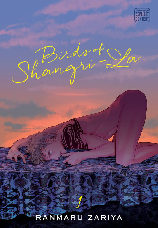 A young man with blond hair and a wavelike shoulder tattoo lies on sheets, his ass raised up into the air. He sucks seductively on his thumb. The background is of a cloudy sunset sky.