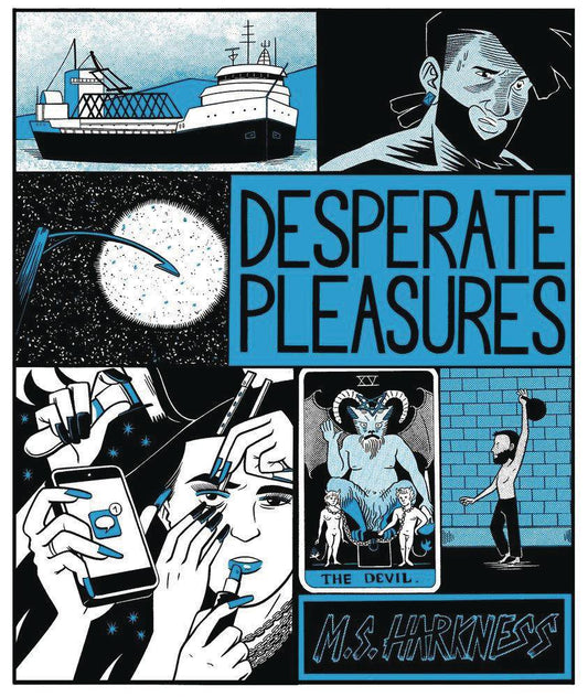In shades of blue and black, a number of images are presented: a ferry, a sweating man, a lit lamppost at night, a shirtless drunk outside, the Devil tarot card, and a woman being made up by multiple hands while she holds up a phone with a new notification.