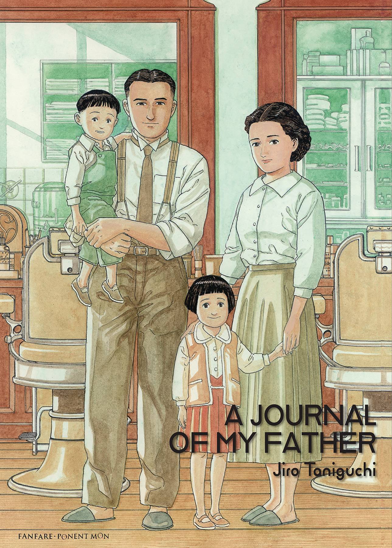 A family stands in an old-fashioned barber shop. The mother and father wear simple taupe and white clothing reminiscent of the 1940s. The father holds a young boy in green overalls within his arms, while the mother holds the hand of a slightly older girl wearing a pink and white dress.