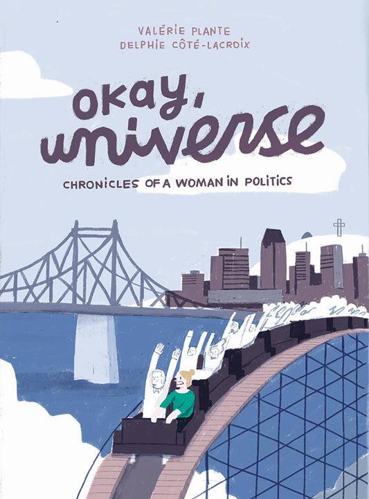 Against a background of a city with a suspension bridge, skyscrapers and a megachurch, a blond woman wearing a green sweater grimaces as she rides a rollercoaster. All the other passengers on the roller coaster are enjoying themselves, waving their arms in the air, and all are devoid of colour.
