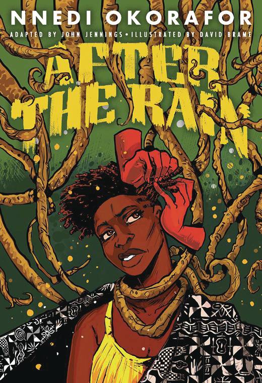 A Black woman wearing a yellow strap top and a black and white patterned shawl tilts her head to one side. Floating red hands plait her hair into twists. Thick light brown vines dangle from above, one of them wrapped loosely around her neck.