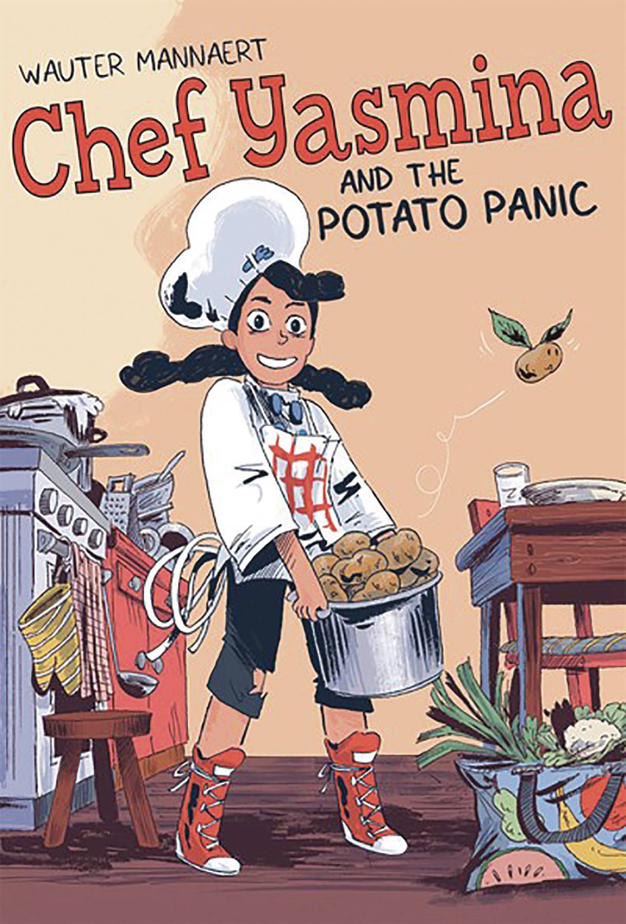 A girl stands in a kitchen, hauling a large pot of potatoes and grinning. She has light brown skin and dark afro hair in two pigtails, and is wearing a chef's hat and jacket over ripped dark shorts and red lace-up boots. One of the potatoes flies out of the pot on leaf wings, with tiny eyes and a tongue poking out.