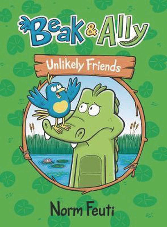 A cartoon alligator with two visible teeth frowns as a blue bird does a song and dance on its snout. A river is behind them, with reeds and lilypads. 