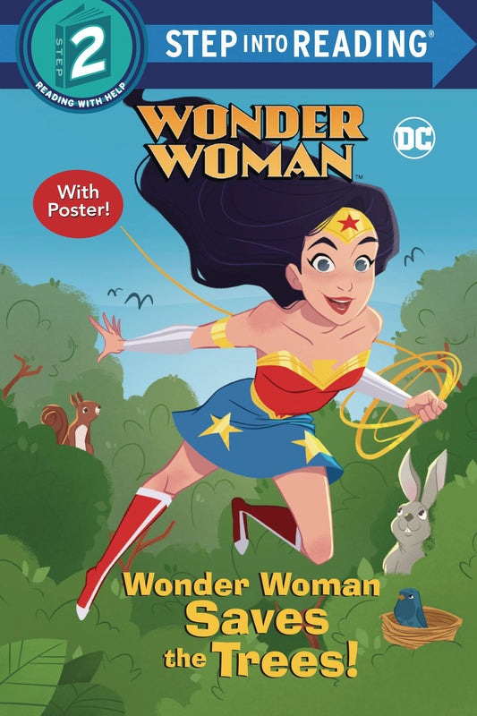 A young Wonder Woman flies forward above a forest, smiling. She holds a golden lasso in one hand. In the trees, a rabbit, a squirrel, and a blue bird in a nest can be seen. 