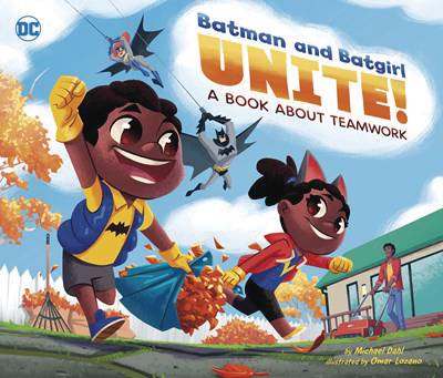Two Black children dressed in casual cosplay of superheroes smile as they run through the neighbourhood collecting leaves. Behind them, Batgirl and Batman can be seen swinging. 