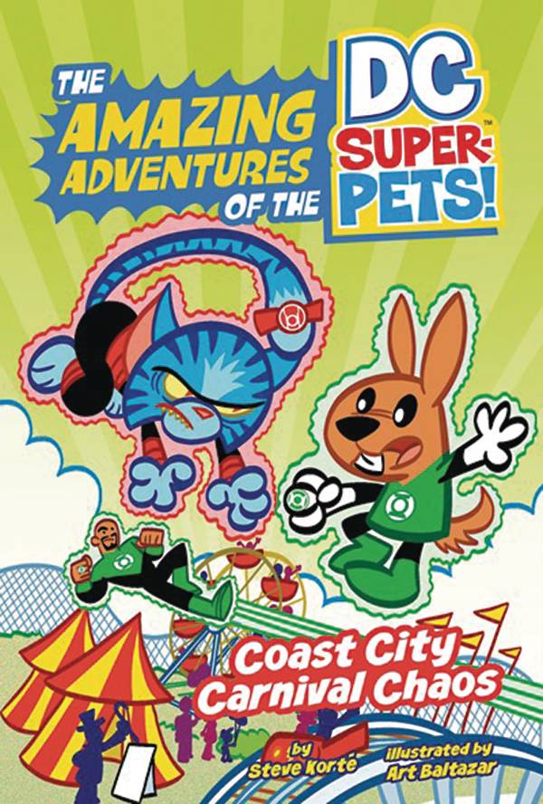 An angry cartoon cat wearing a red lantern costume hovers in the air, ready to fight against a brown rabbit in a green lantern costume. Below them, a Black man in a green lantern costume zooms by, and crowds of people enjoy a carnival with big red and yellow striped tents and roller coasters.