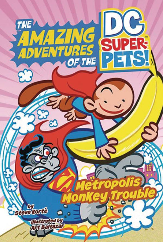 A brown cartoon monkey wearing a blue shirt and red cape flies in a loop, holding a giant banana. Behind them, a gorilla with dark hair wearing Superman's costume tries to smash them with a fist.