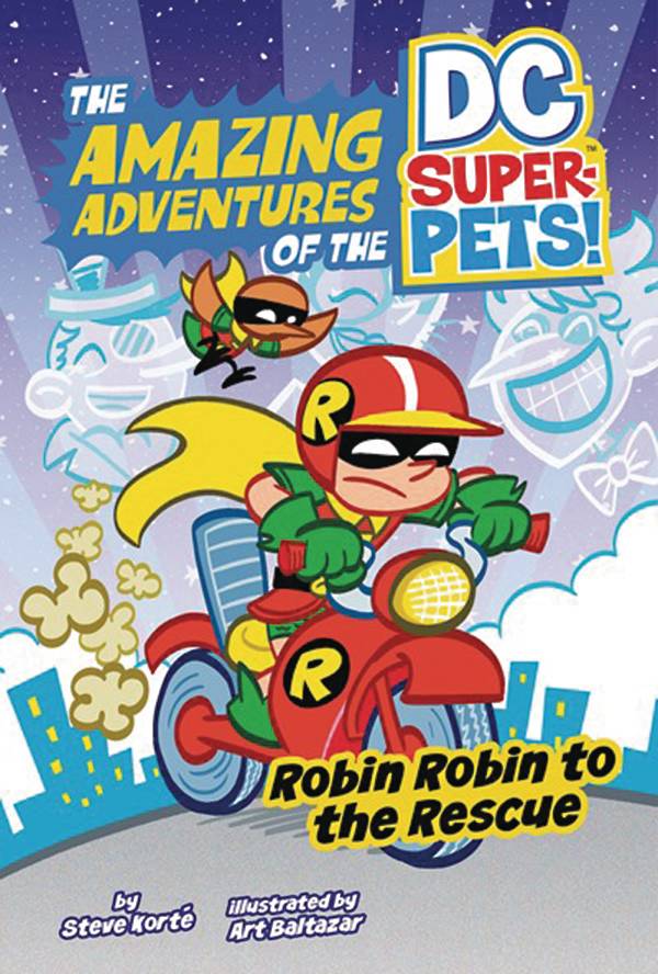 A cartoon boy in the Robin costume drives a motorcycle forward, khaki-coloured smoke puffing behind it. A small brown bird in the same costume flies overhead. Against a starry sky, the ghostly faces of the Penguin, Catwoman, and the Joker grin.