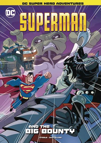 Superman flies forwards, fist outstretched, towards Lobo. Lobo is riding on a motorcycle and wielding a bladed weapon on a chain, snarling. Behind them both is a distant green alien looking angry as they pull a bunch of cars up into the air.