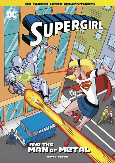 Above a street with terrified looking civilians, Supergirl fires her heat vision at a metallic humanoid who is snarling and shooting a beam of destructive energy.
