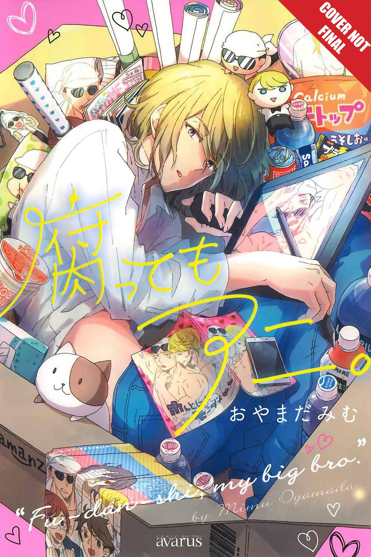 An androgynous young person with shoulderlength blond hair has their knees curled up towards their chest, cradling a computer tablet with a shirtless man drawn on. Around them are a variety of posters and plushes, as well as some drinks and cup noodles.