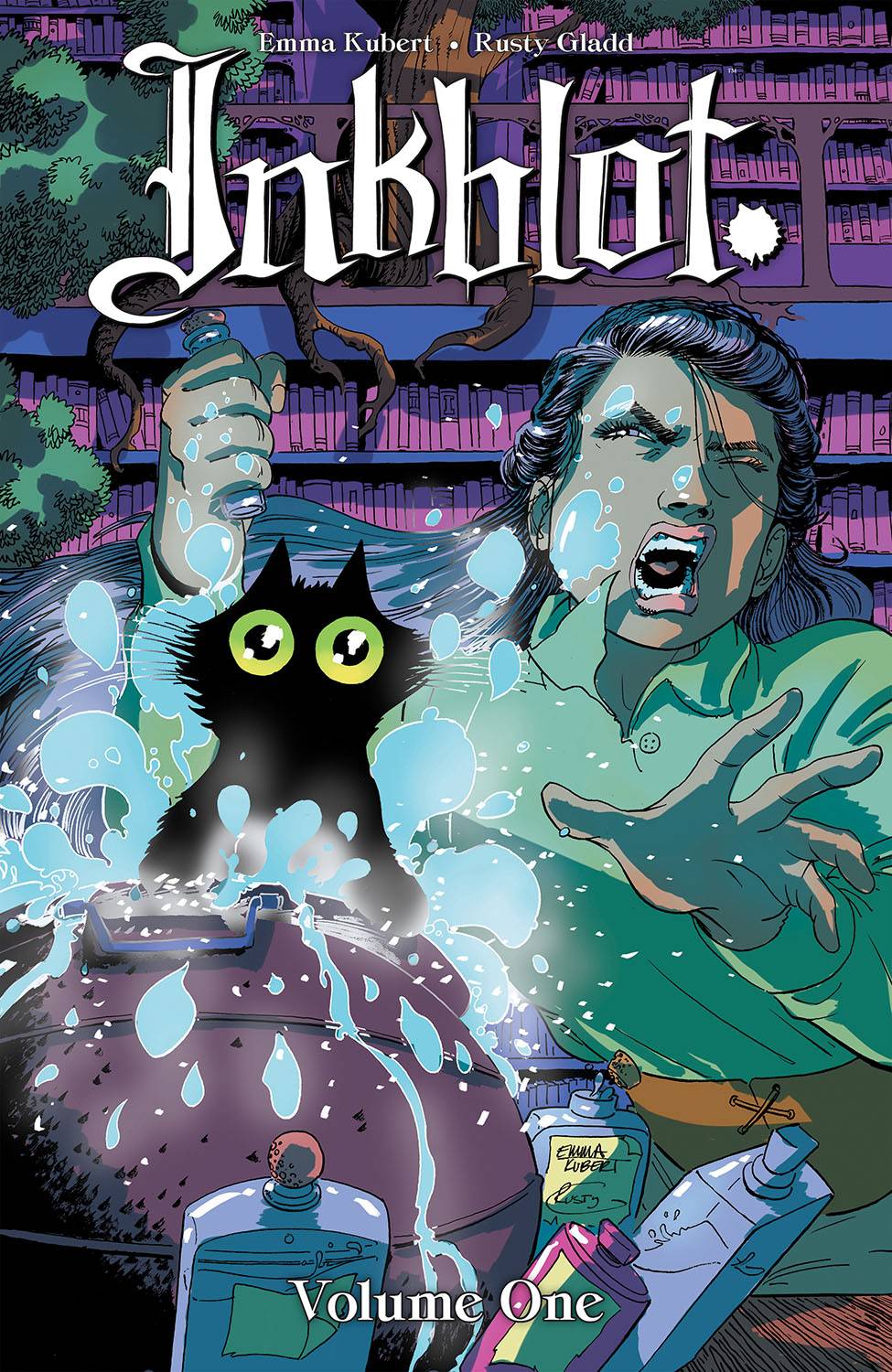 A young lady with dark hair looks surprised and disgusted as she is splashed by a cat landing in her cauldron. She is clutching a vial, with several other bottles on the table by the cauldron. Behind her are vast bookcases with trees growing on them.