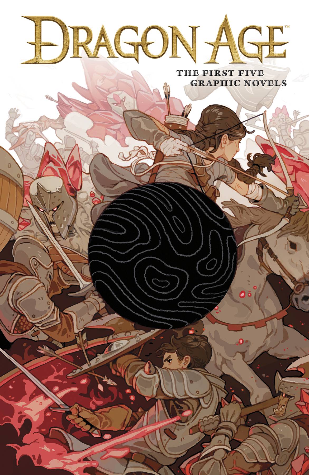 A swirled black orb blocks out the center of an image of a war, an archer on horseback fighting next to a helmeted knight who is sprouting red crystals.