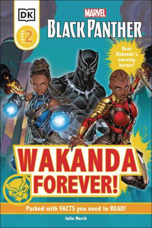 Shuri, a young Black woman in blue and black ceremonial armour, with painted facial markings, holds her fists up as they glow with an electric blue light. Next to her is one of the Dora Milaje, a bald Black woman in red ceremonial armour, wielding a spear. Behind them both is Black Panther, a man in a black catlike fullbody costume with a silver clawed necklace.