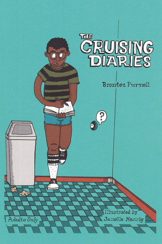 A young Black man wearing glasses, a dark green and black striped t-shirt, blue shorts, sports socks and black and white hi-tops stands in a teal bathroom, one leg resting on the wall behind him. His tongue pokes out in concentration as he writes in a notebook. Next to him is a grey bin that says 'Adults Only', and a couple of condoms lie discarded near it. There is also a hole in the wall with an eye visible through it, as well a questioning speech bubble.