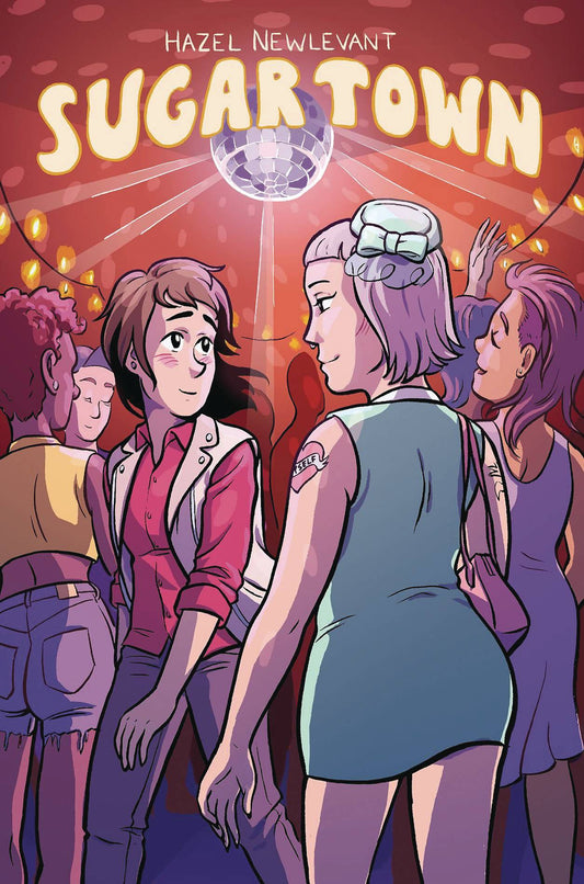 Under a disco ball, in a sea of people, two women meet each other's gaze. One has shoulderlength brown hair, and wears a red dress shirt, dark jeans, and a loose waistcoat. She is blushing. The other has chinlength lilac hair with a high straight fringe, and is dressed in a mint minidress with matching fascinator. She has a pierced nose, and a heart tattoo that reads 'myself'. She also has a pink purse over her shoulder.