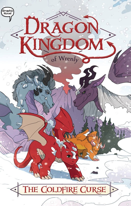 A small red dragon and a small orange dragon brace against a flurry of snow as they trek across a mountain landscape. In the backgrond, a teal, bearded dragon and a smirking purple dragon with crooked horns and silver hair face each other in profile, with a smoking volcano between them.