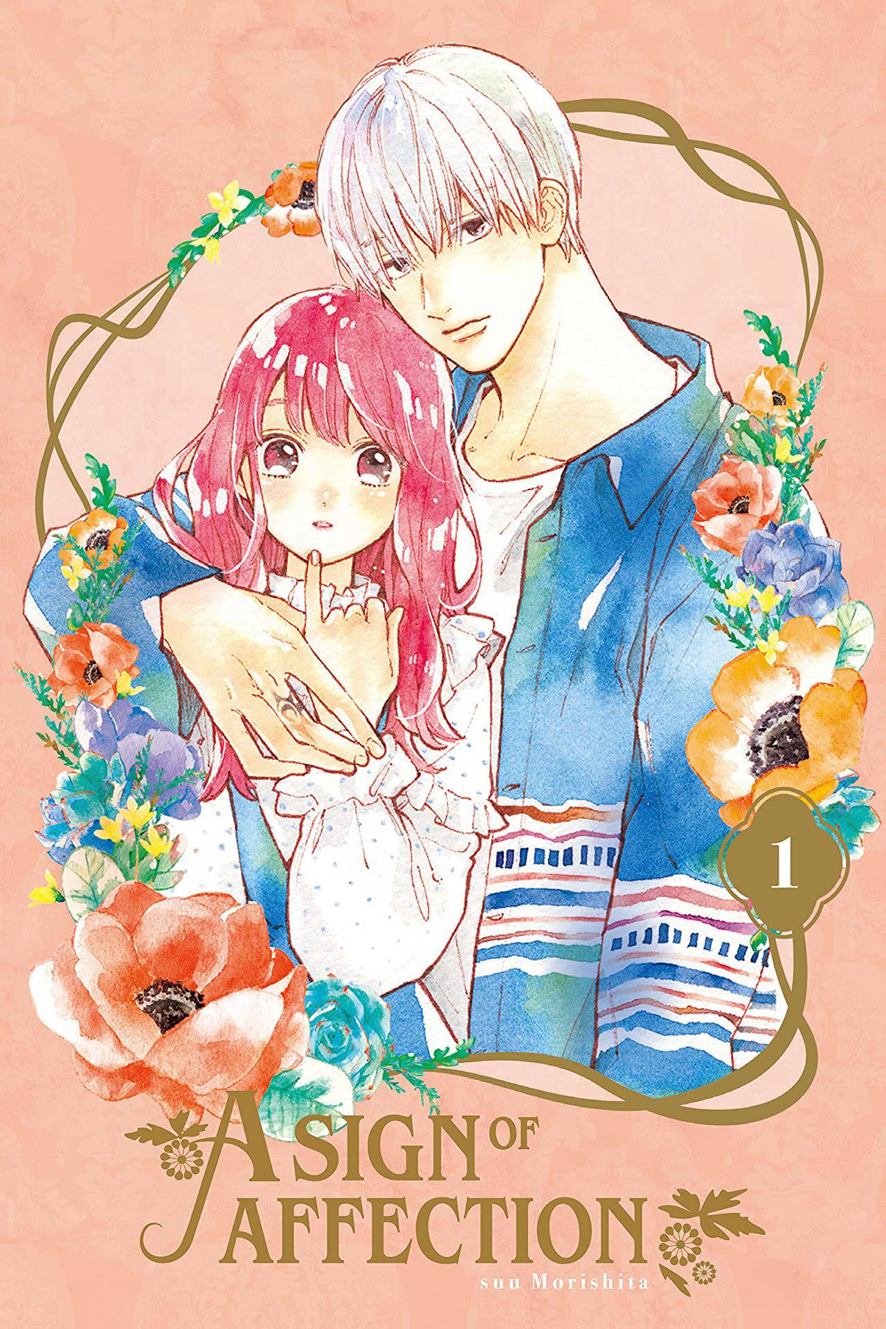within a border of flowers, a white-haired boy wraps his arm around a girl with long pink hair, holding her close. The girl holds a hand up towards her face, her pinkie outstretched to touch her chin.