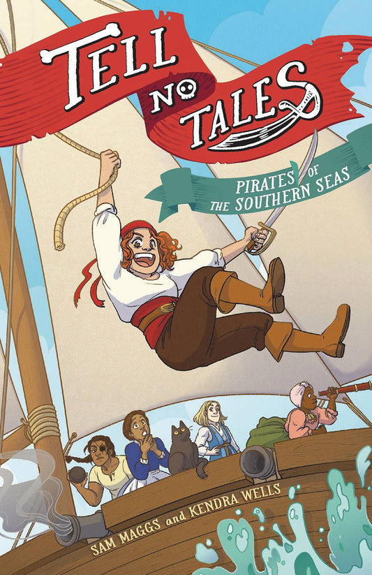 A redheaded pirate swings down from a sail rope, grinning as she wields a curlass. Behind her, several other pirates can be seen onboard the ship, including a brown-skinned person with an eyepatch and a long plait who is loading a cannon, a darker-skinned woman with a turban using a telescope, a light brown-skinned woman gasping, and a fair-skinned person with shoulderlength blond hair, as well as a black cat.