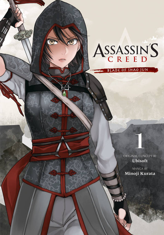 A young woman with dark hair reaches back to pull her sword from a sheath on her back. She is wearing a hooded tunic, armoured shoulderpads and greaves over a loose shirt. The outfit is all in shades of grey, with blood red detailing.