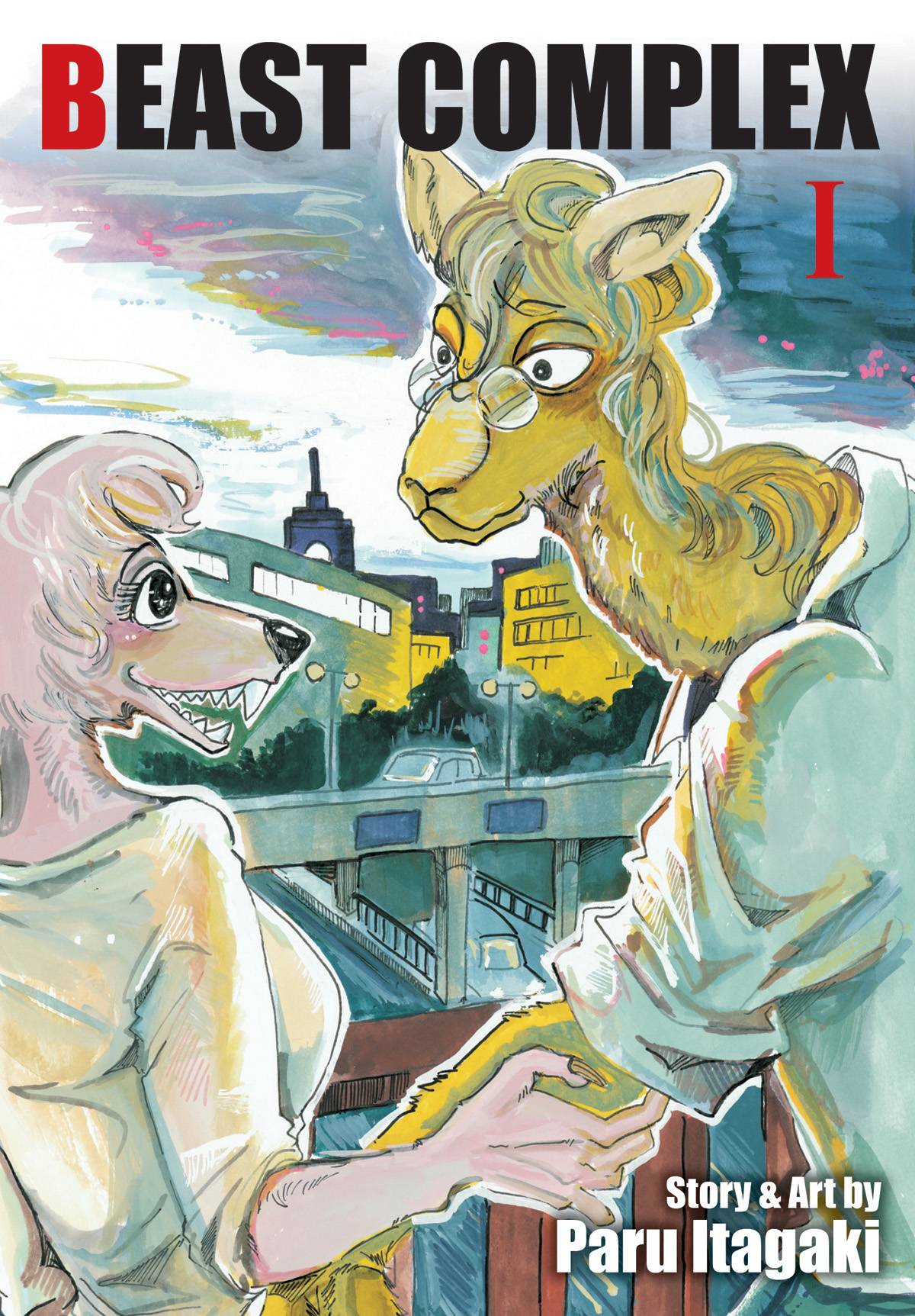 A light pink anthropomorphised wolf wearing a shirt smiles as she cups the elbow of an anthopomorphised camel wearing a shirt and glasses. Behind them is a city with a smoggy sky.