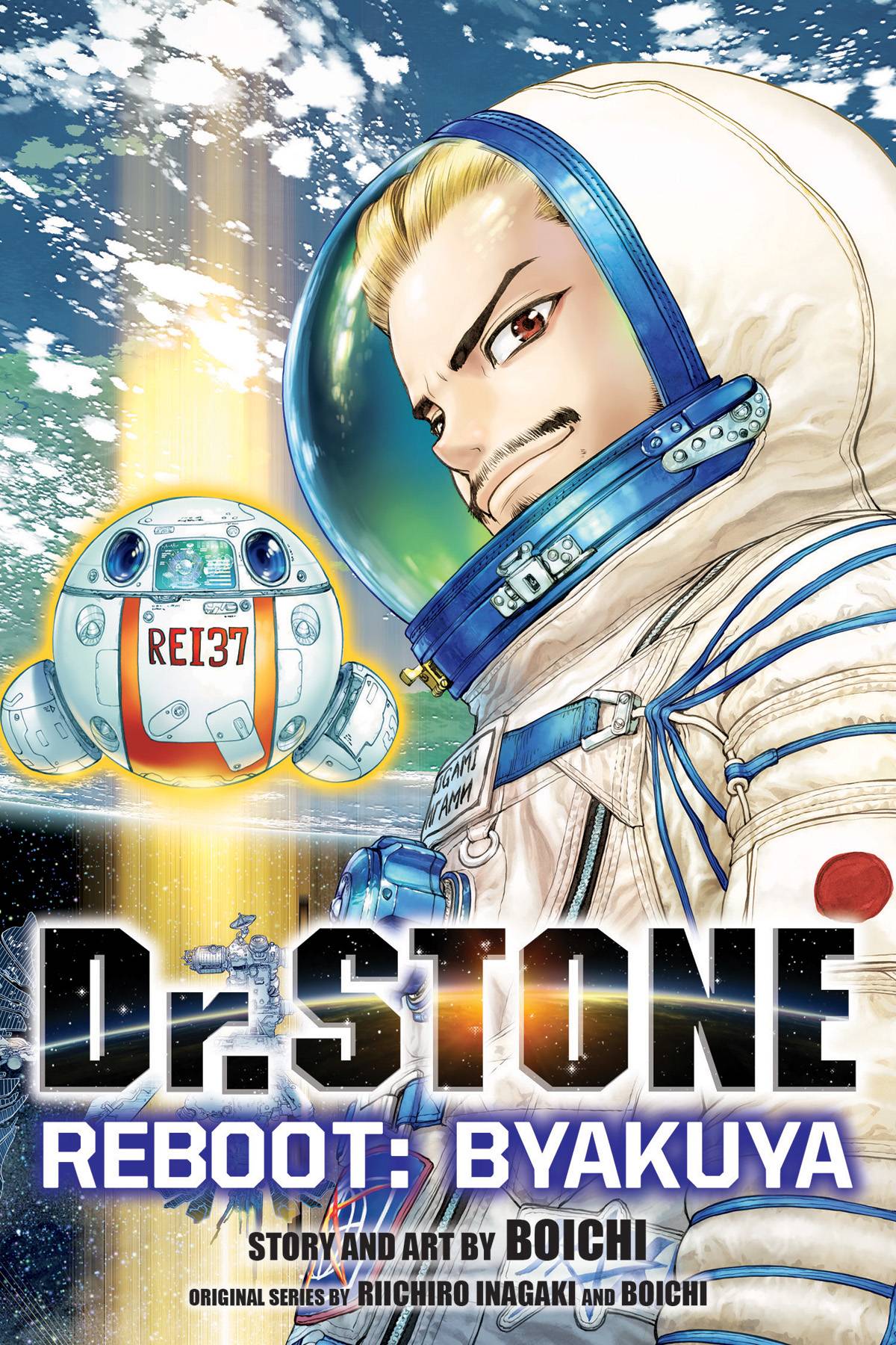 A man with slicked back blond hair and a dark moustache and goatee hovers in space, dressed in an astronaut's spacesuit. A spherical spaceship labelled 'REI37' is bathed in light behind him, and a blue and green planet takes up most of the frame behind that.