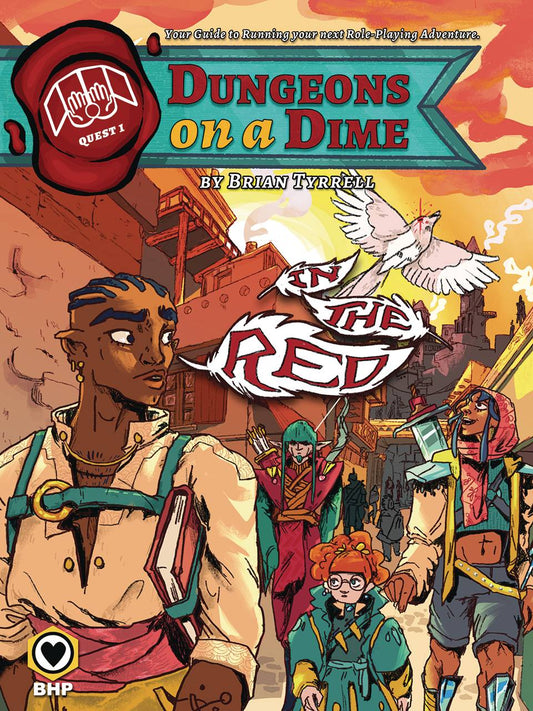 A group of adventurers - a Black half-elf with cornrows, a dwarf with curly ginger hair, an androgynous fighter wearing a croptop and a large sword, and a grumpy elf with pale skin and long green hair - walk through the streets of a desert town. A dove falters in the sky above them, its eye spurting red as though shot.