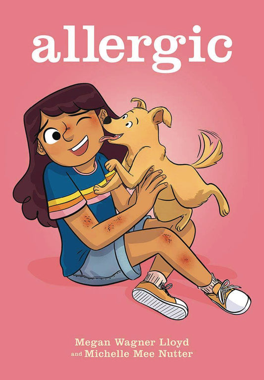 A young girl with light brown skin and long brown hair smiles as she holds a beige-furred terrier licking her face and wagging its tail. She is wearing a deep blue t-shirt, denim shorts, and orange trainers. There are numerous scabs and scrapes over her arms and legs.