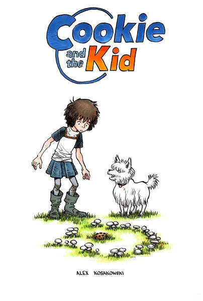 A young child with messy brown hair looks down at a ring of mushrooms, in the centre of which is a cookie. A small white fluffy dog stands next to them.