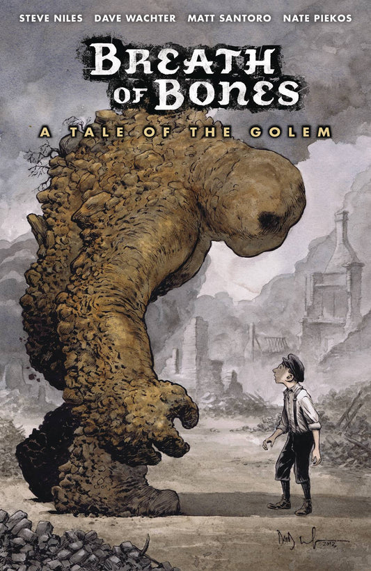 A massive stone golem stands over a young boy in breeches and a flat cap, staring up at him in shock. They are surrounded by rubble, with the smoking ruins of a town visible in the background.