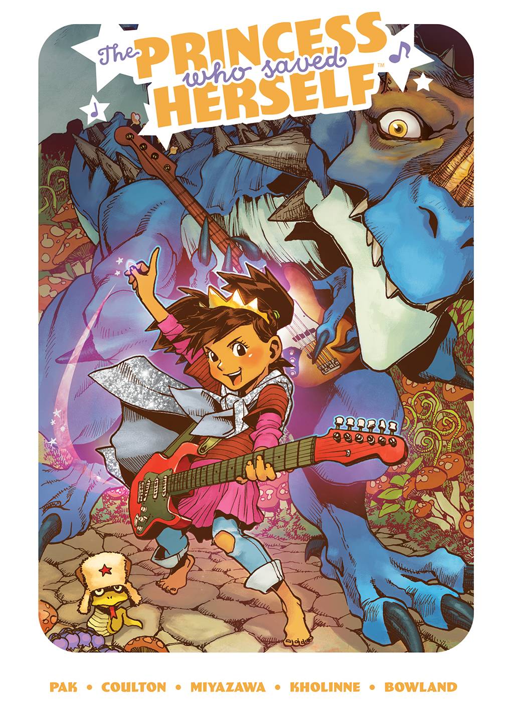 A young girl with light brown skin, brown eyes, and dark brown hair in pigtails stands barefoot on rocks, wearing a mishmash of clothing including a tiara, and playing an electric guitar. Behind her, a large blue dinosaur wraps its claws around another electric guitar, trying to play along.