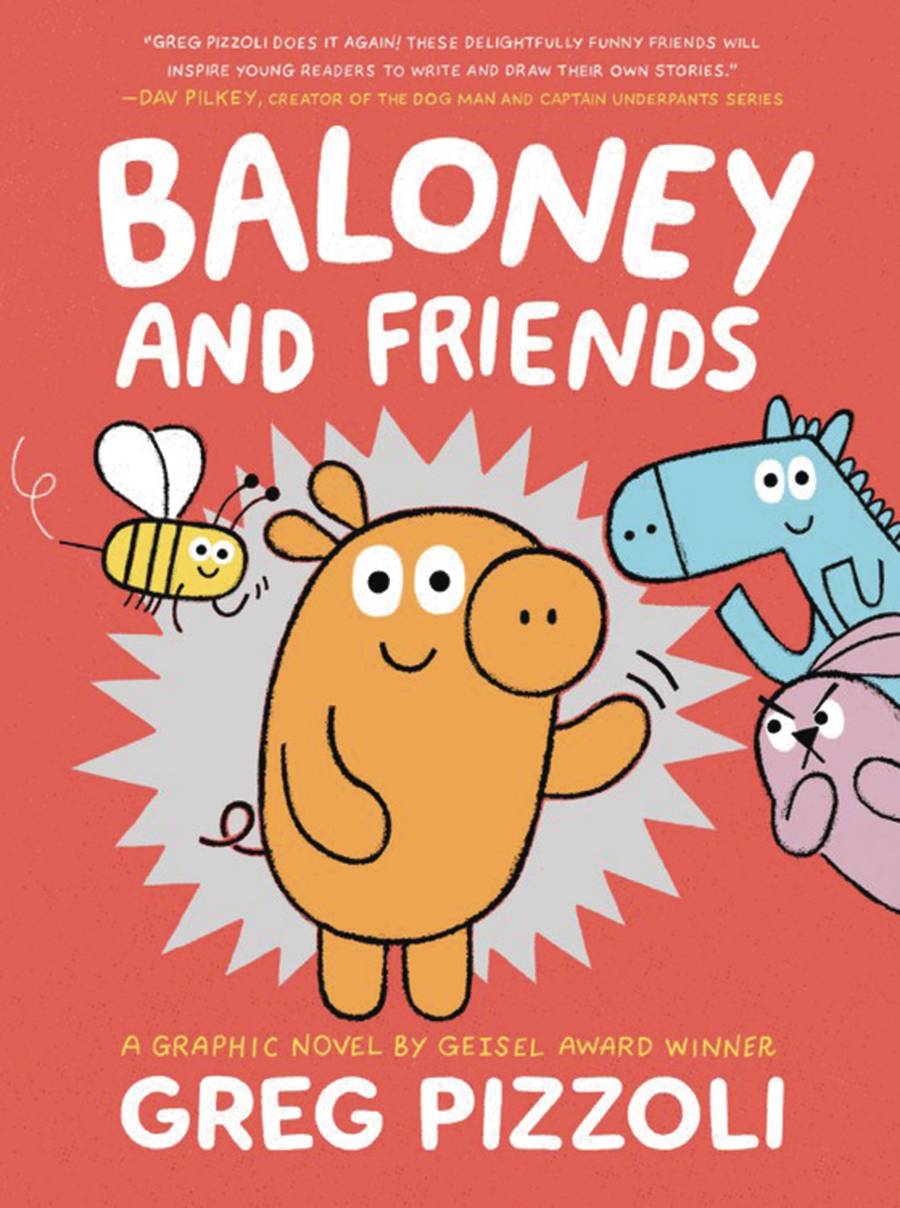 An orange cartoon pig stands on two legs, waving and smiling. A bumblebee and a blue horse do the same, while a pink rabbit frowns angrily from the side.