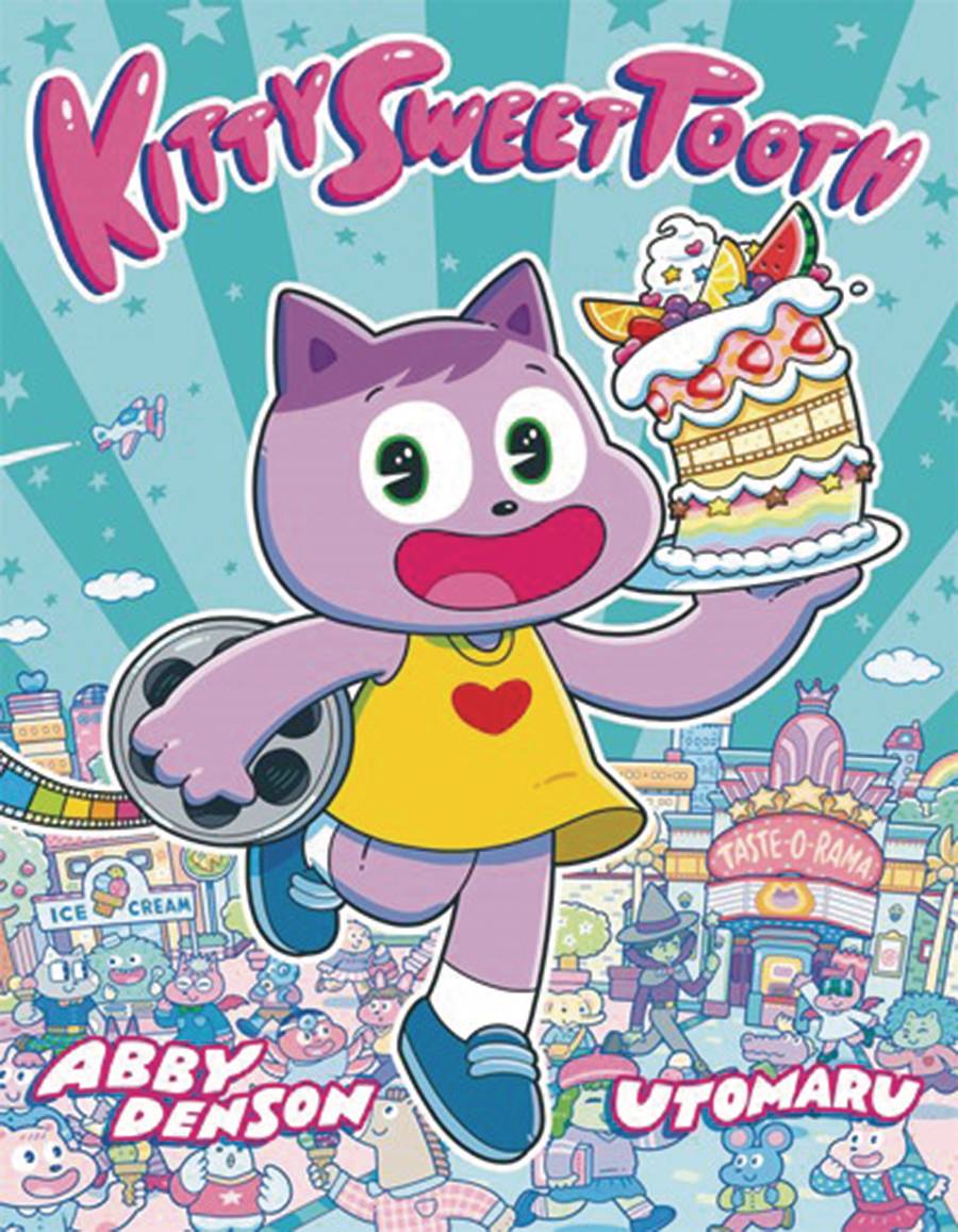 A lilac cartoon cat skips forwards, wearing a yellow dress with a red heart on it, and blue shoes. In one hand she holds a film reel, and in the other she balances an ornate tiered cake with fruit and cream. In the background is a busy, colourful town, filled with both people and anthromorphic animals.