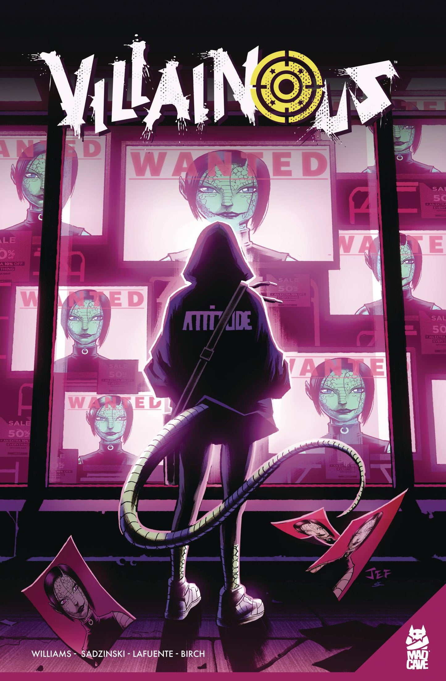 A lizardlike humanoid stands with their back to the street, wearing a hoodie that says 'ATTITUDE' on the back, leggings, and trainers. Scaly legs are visible, and a tail curls out from under the hoodie. They stand in front of a display of TVs, all displaying wanted posters with the face of a lizard girl with chinlength black hair. 