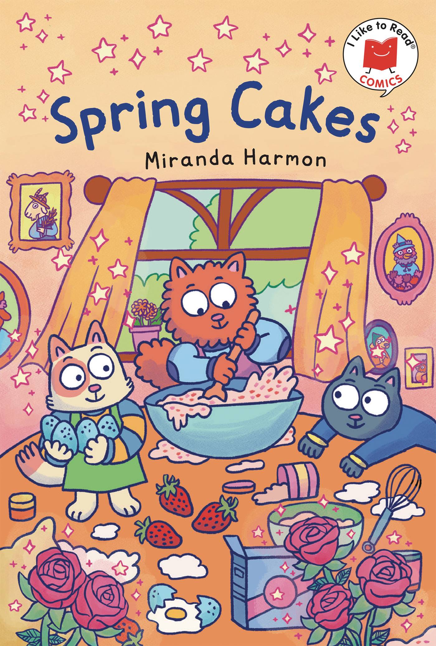 A fluffy ginger cat wearing an apron mixes a large bowlful of pink mixture atop a table. A black cat wearing a blue top leans over, watching intently. A white and orange cat in a green dress stands on top of the table, holding four blue speckled eggs ready. Also on the table are a mess of kitchen tools, strawberries, spilled flour and a cracked egg. In the background is a wall with lots of pictures of other animals wearing clothes, and a window overlooking some trees. 