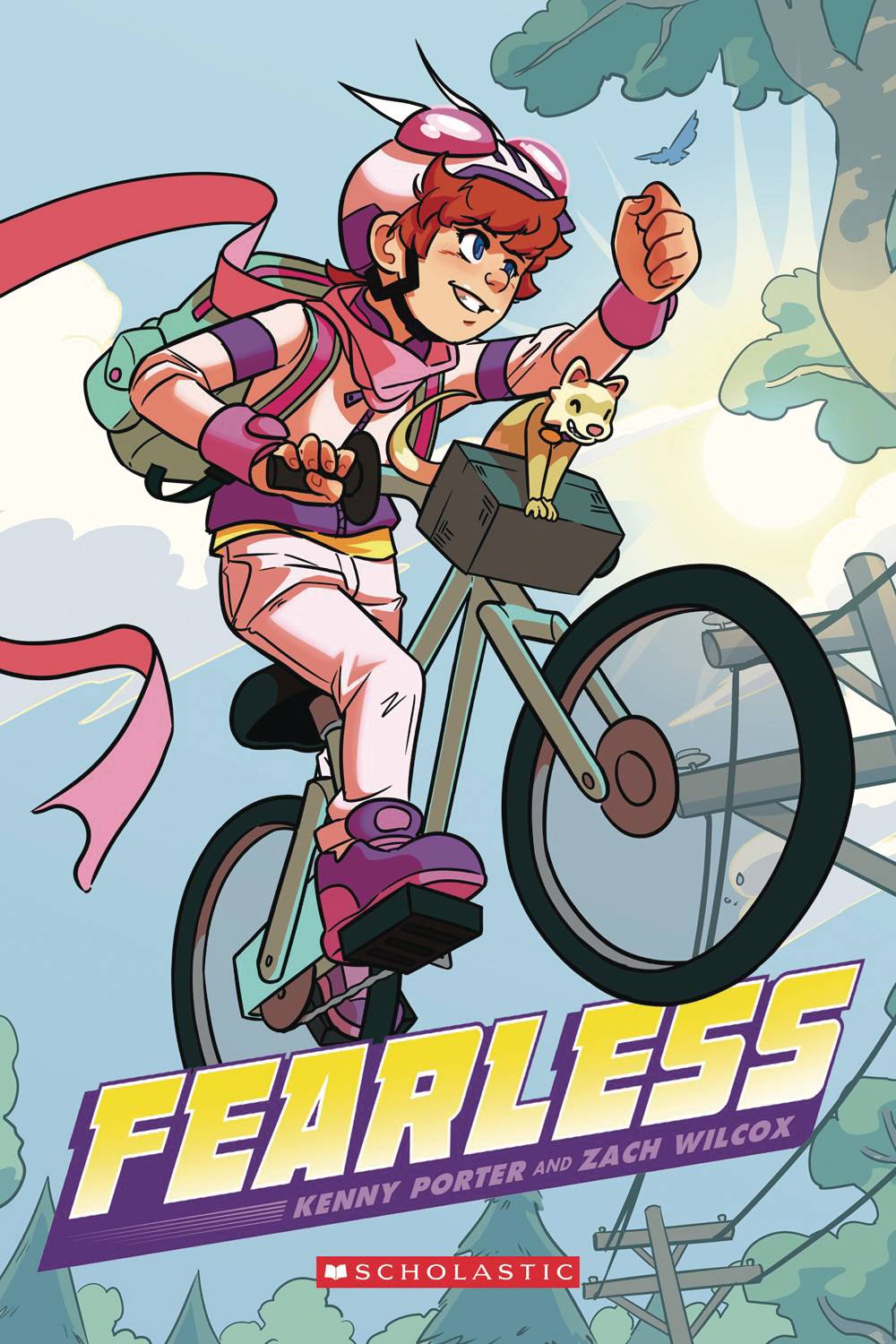 A girl with short red hair bikes into the air, one hand held forwards in a fist. She is wearing a pink helmet with bug-like decoration, a short-sleeved hoodie trailing a pink ribbon, light pink jeans, purple shoes, and a mint green backpack. In the front basket of her bike, there is a grinning beige and brown ferret. In the background, there are trees and telephone poles and a bright sunny sky.