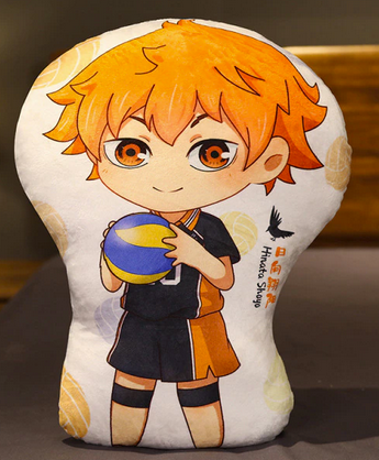 A young man with short messy orange hair and orange eyes. He is smiling as he holds a volleyball in both hands, and is wearing a black and orange uniform with the number 10, though the number is partially obscured.