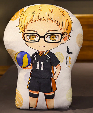 A young man with short blond hair, sharp yellow eyes, and glasses. His uniform is black and orange with the number 11, and he holds a volleyball in his right hand. 