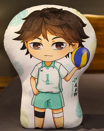 A young man with choppy chinlength brown hair and brown eyes. He wears a mint and white uniform with the number 1, and holds a volleyball up in one palm with a neutral expression.