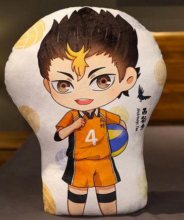 A grinning young man with spiky brown hair, the center fringe of which is dyed blond. He has an orange and black uniform bearing the number 4, and holds a volleyball under one arm.