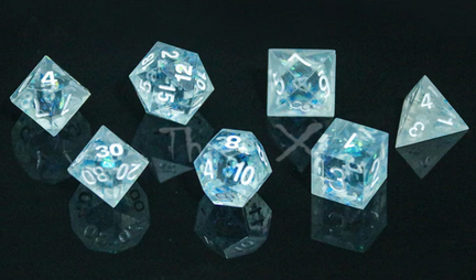 A set of light blue polydice with sharp edges and white numbering. Inside are blue holographic flakes that refract the light.