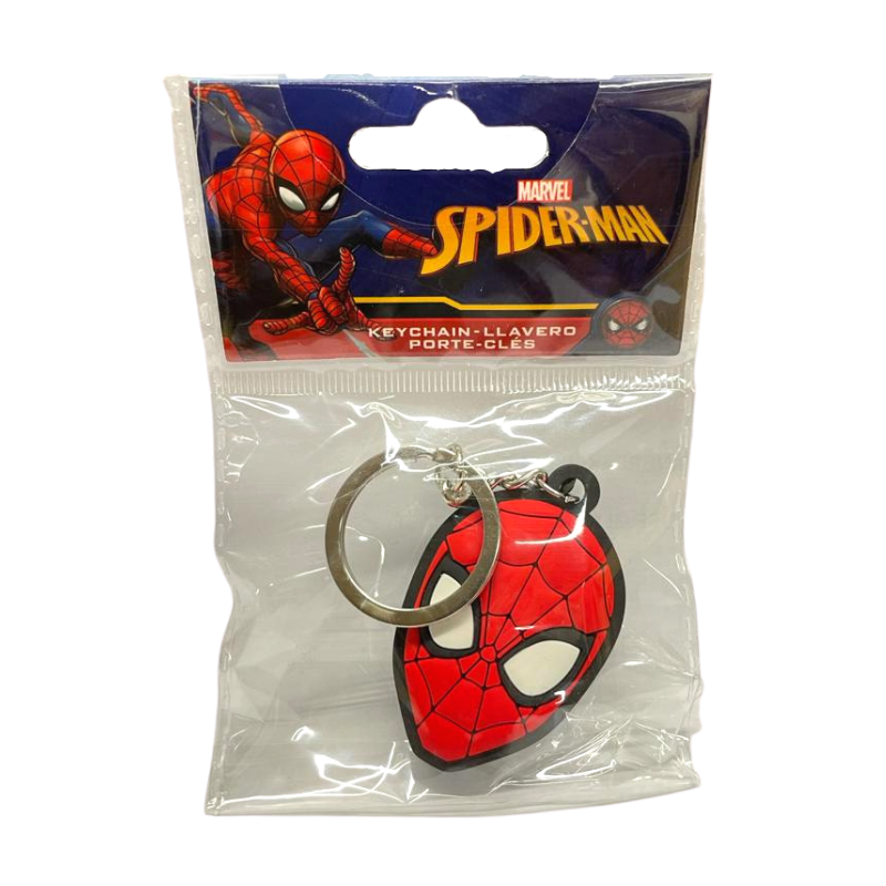 A rubber keychain of a character head. It is red with a thin black webbed design and large white eyes outlined in black.