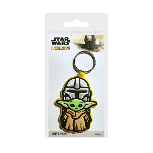 A rubber keychain featuring The Child facing forwards and smiling, with the distinctive helmet of The Mandalorian behind. 