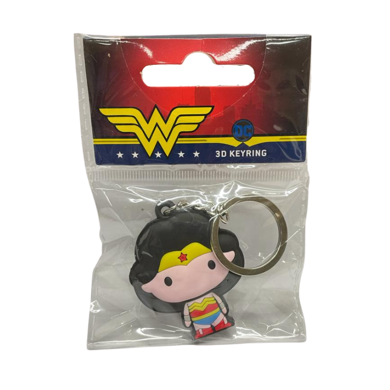 A keychain of a cartoon woman in a chibi style that has no face except black eyes. She has long black navy hair and light skin, and wears a red sleeveless top with gold detailing in the shape of an upside down w, blue pants, silver bracelets, red boots, and a yellow tiara with a red star.